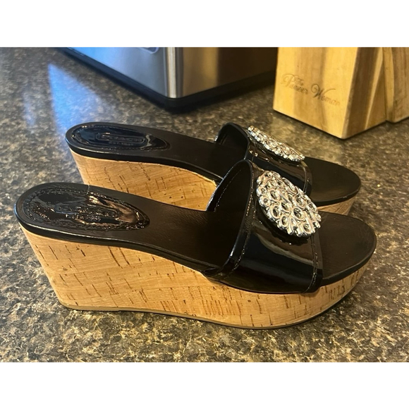 Coach Judith Black Patent Leather Cork Wedges - Picture 6 of 10